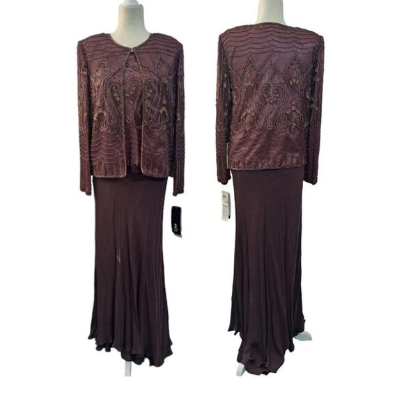 Adrianna Papell 3 Pc Set Silk Embellish Top Skirt Jacket Wedding Party Plum Sz10